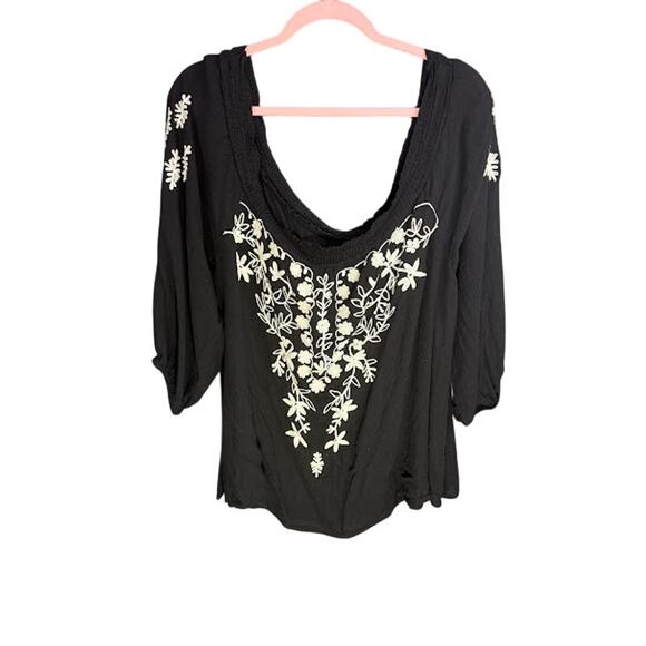 Boho Top Women's Size 22/24 Embroidered Black Shirt Oversized Vacation Cruise - Picture 1 of 8